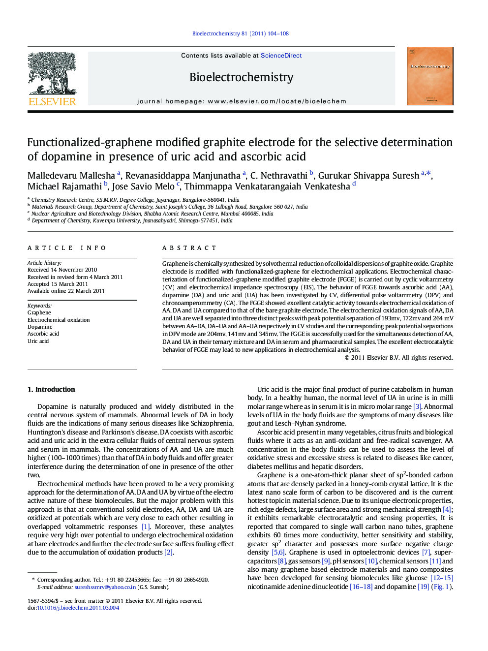 Functionalized-graphene modified graphite electrode for the selective determination of dopamine in presence of uric acid and ascorbic acid