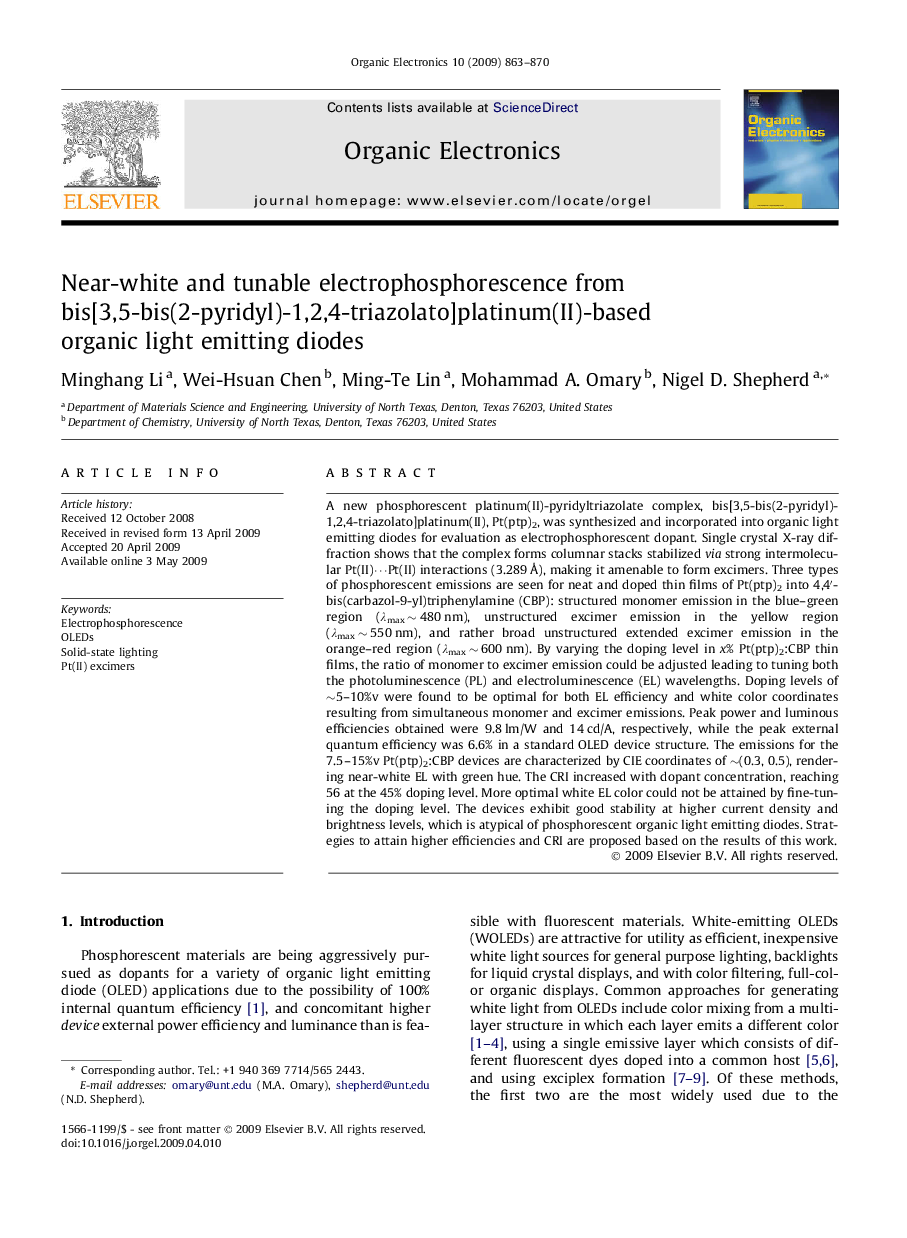 Near-white and tunable electrophosphorescence from bis[3,5-bis(2-pyridyl)-1,2,4-triazolato]platinum(II)-based organic light emitting diodes