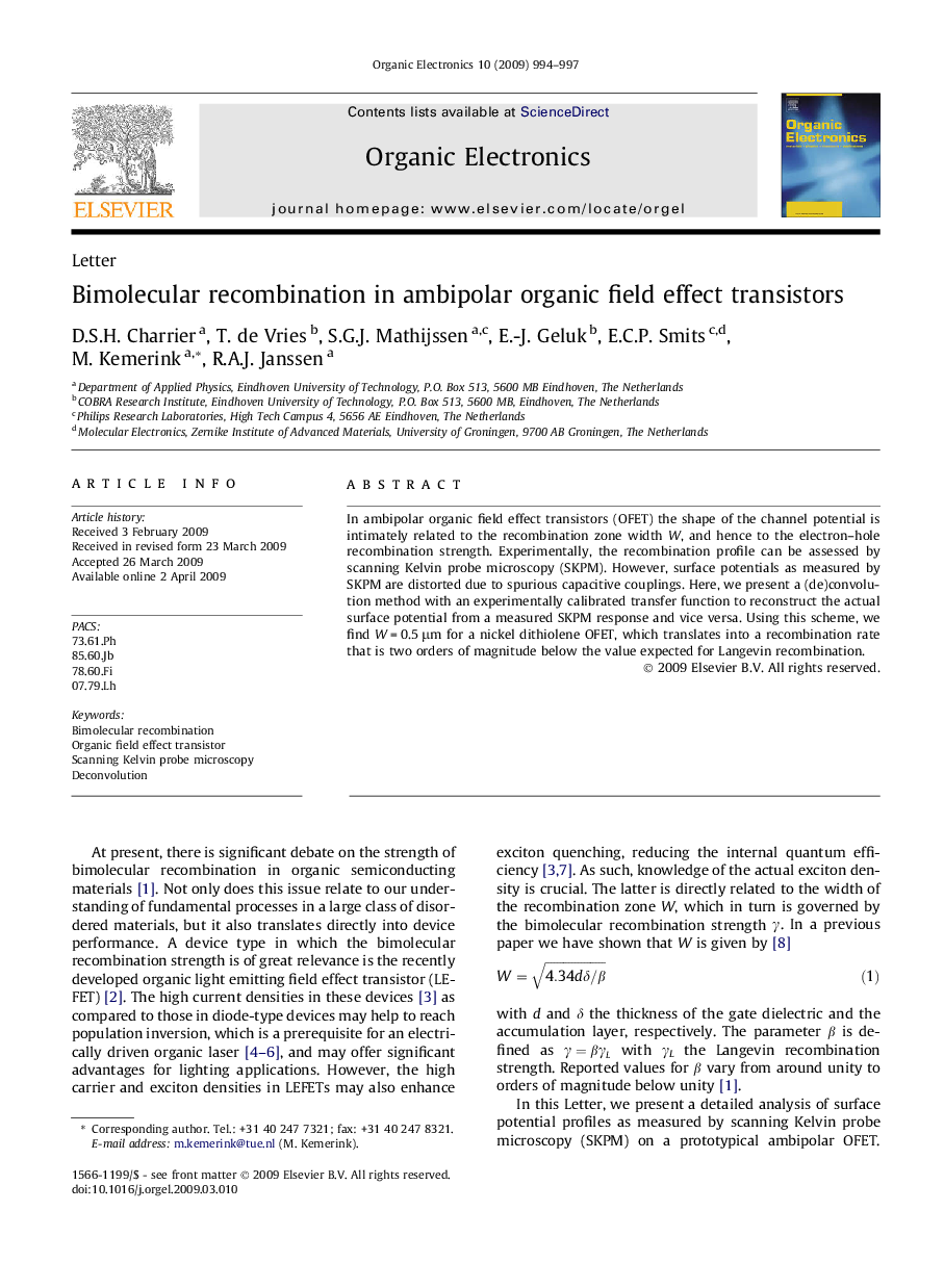 Bimolecular recombination in ambipolar organic field effect transistors