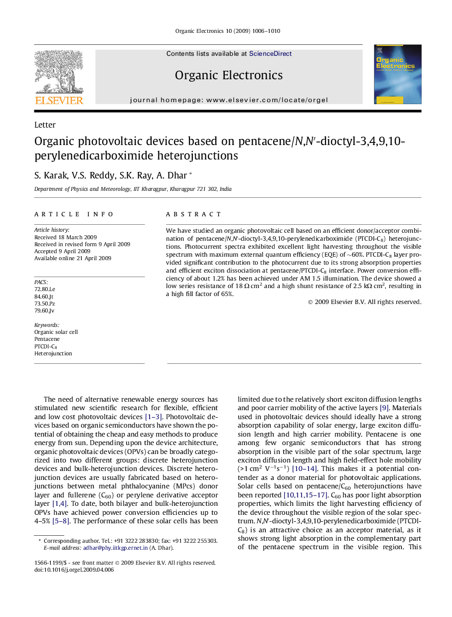 Organic photovoltaic devices based on pentacene/N,N′-dioctyl-3,4,9,10-perylenedicarboximide heterojunctions