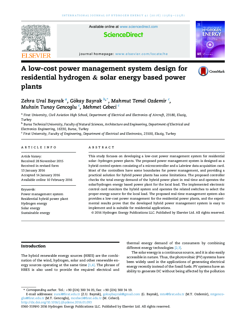 A low-cost power management system design for residential hydrogen & solar energy based power plants