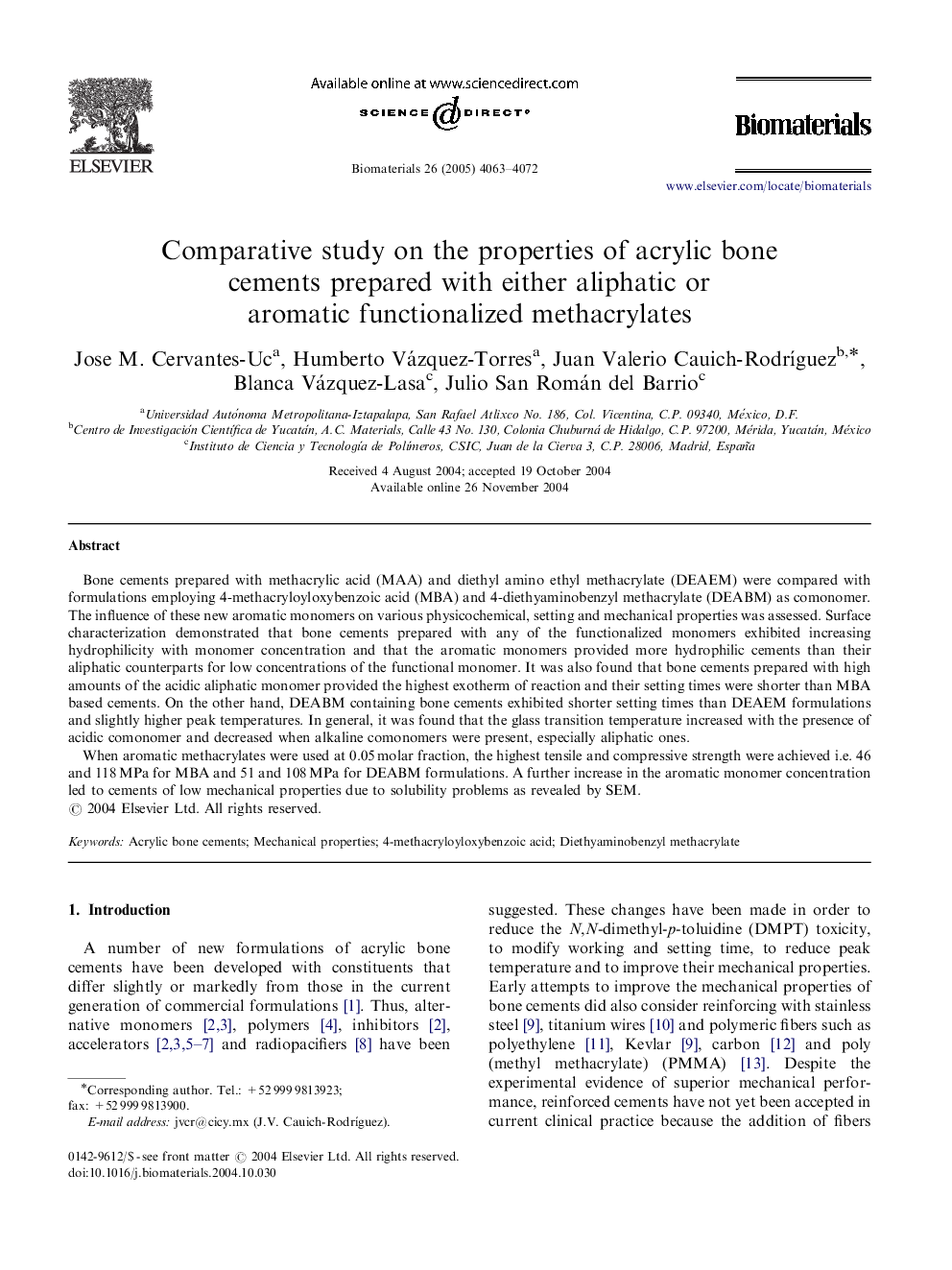 Comparative study on the properties of acrylic bone cements prepared with either aliphatic or aromatic functionalized methacrylates