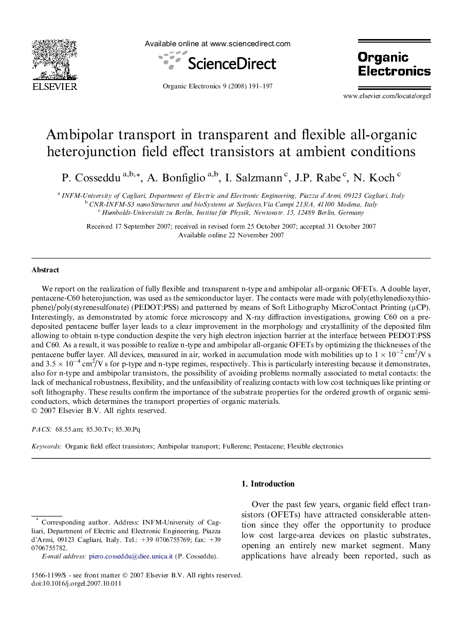 Ambipolar transport in transparent and flexible all-organic heterojunction field effect transistors at ambient conditions