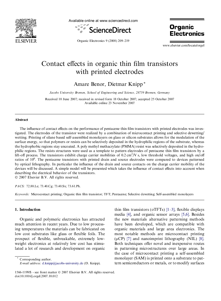 Contact effects in organic thin film transistors with printed electrodes