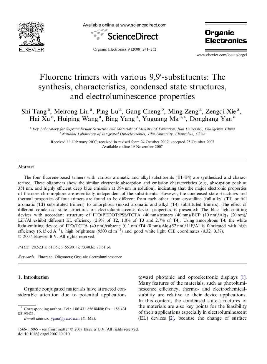 Fluorene trimers with various 9,9′-substituents: The synthesis, characteristics, condensed state structures, and electroluminescence properties