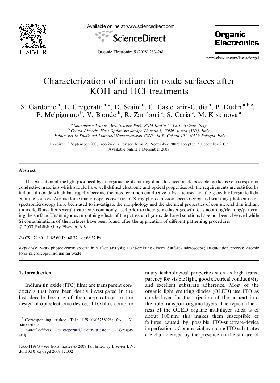 Characterization of indium tin oxide surfaces after KOH and HCl treatments