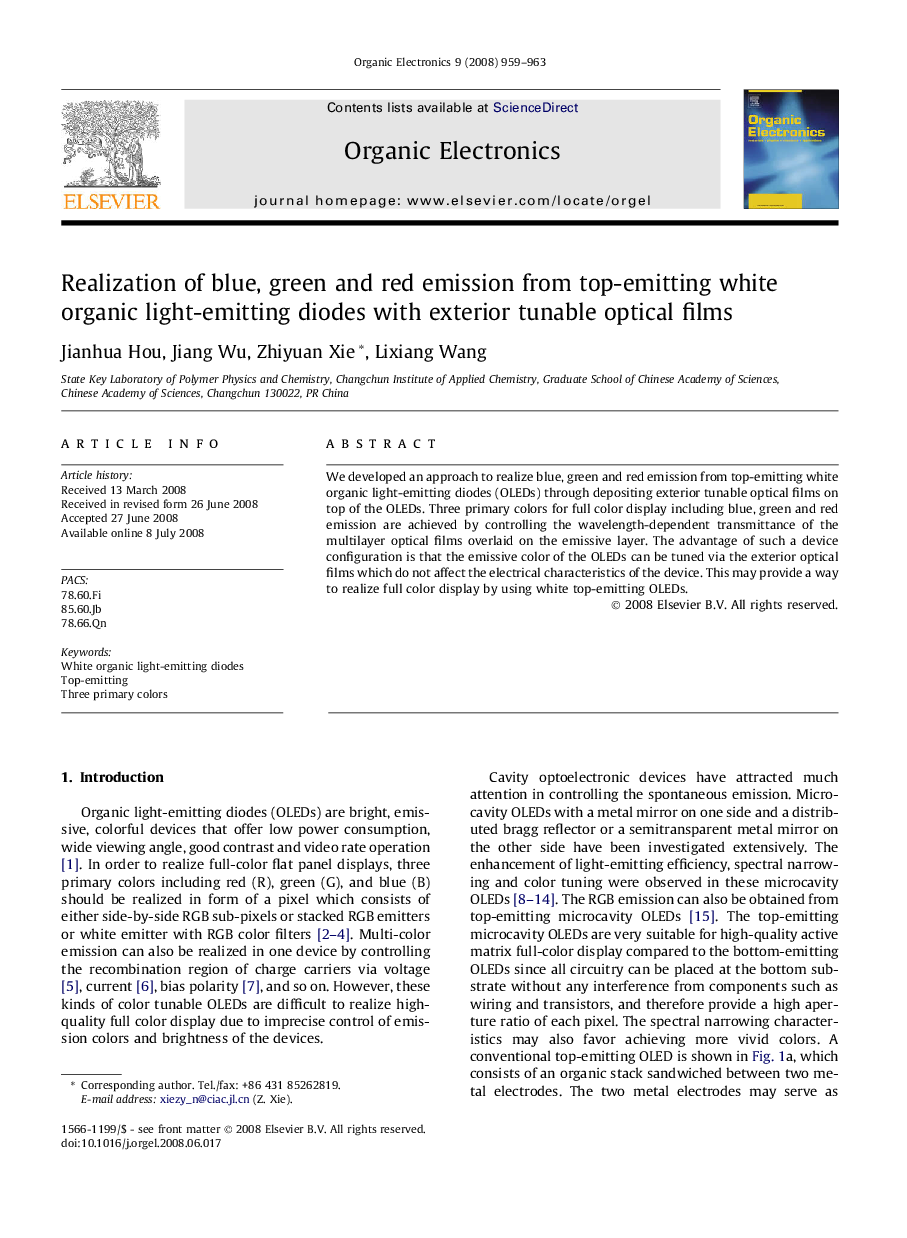 Realization of blue, green and red emission from top-emitting white organic light-emitting diodes with exterior tunable optical films