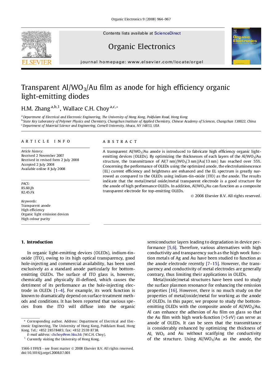 Transparent Al/WO3/Au film as anode for high efficiency organic light-emitting diodes