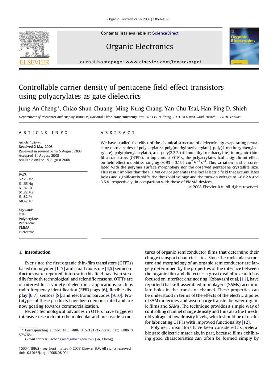 Controllable carrier density of pentacene field-effect transistors using polyacrylates as gate dielectrics