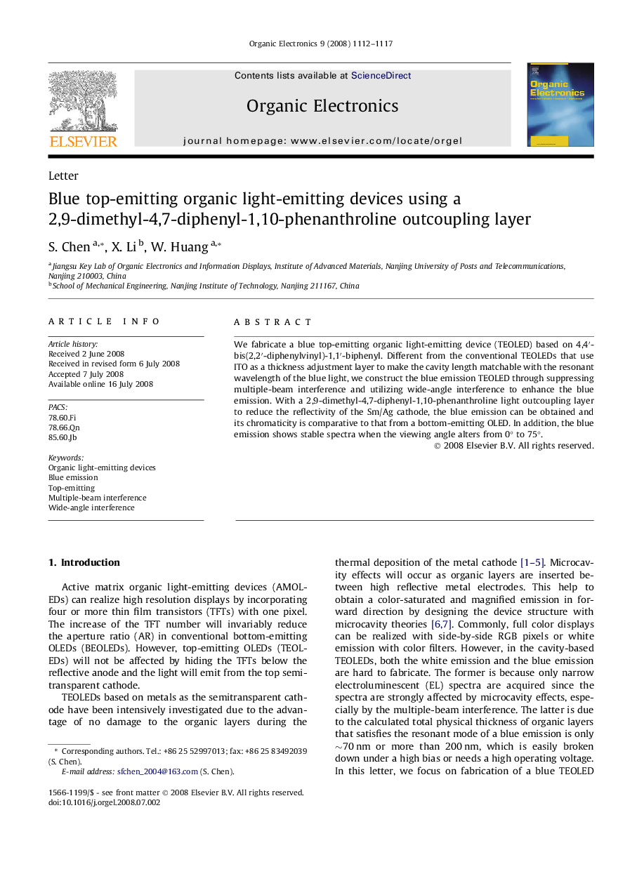 Blue top-emitting organic light-emitting devices using a 2,9-dimethyl-4,7-diphenyl-1,10-phenanthroline outcoupling layer