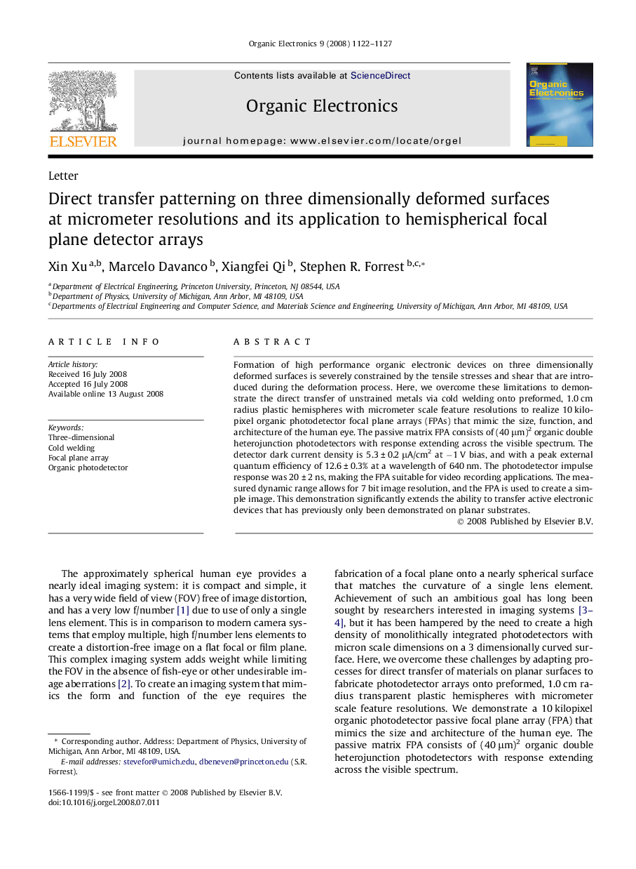 Direct transfer patterning on three dimensionally deformed surfaces at micrometer resolutions and its application to hemispherical focal plane detector arrays