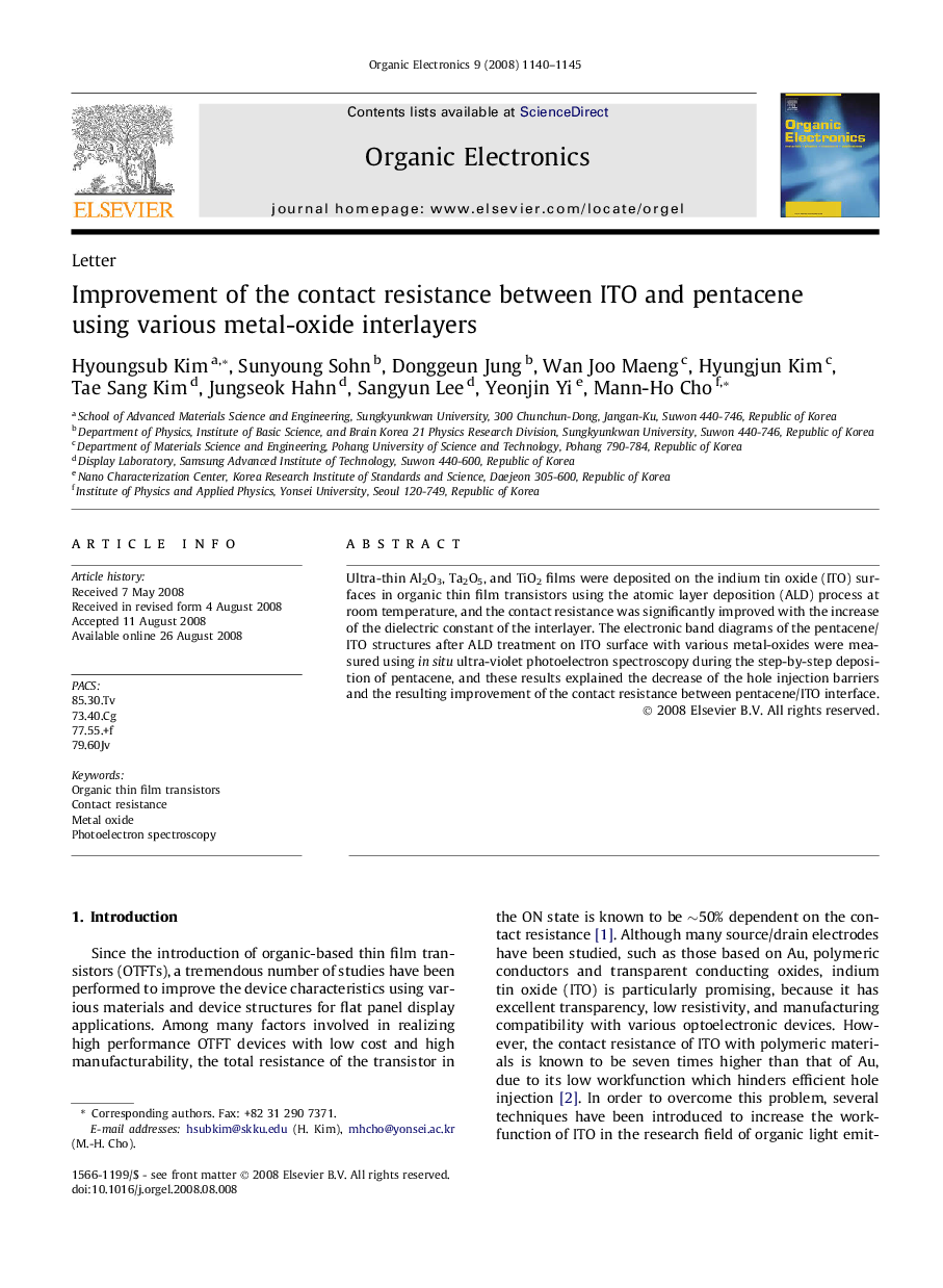 Improvement of the contact resistance between ITO and pentacene using various metal-oxide interlayers