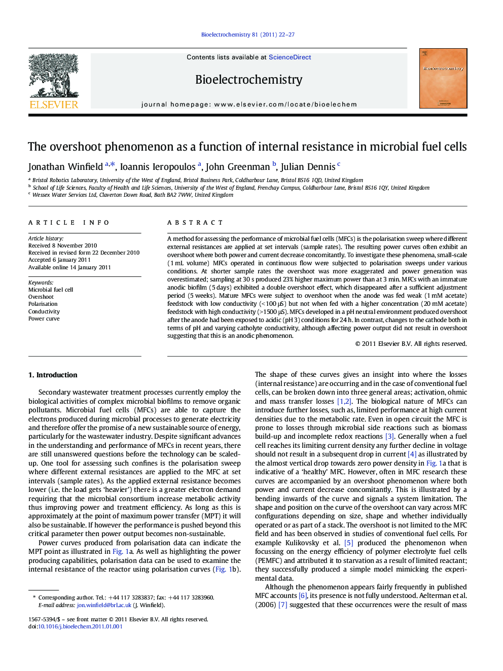 The overshoot phenomenon as a function of internal resistance in microbial fuel cells