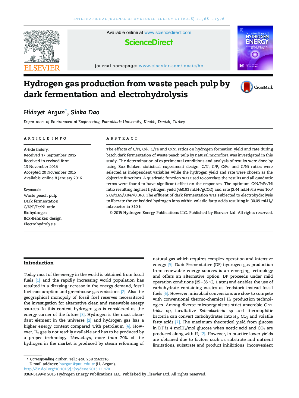 Hydrogen gas production from waste peach pulp by dark fermentation and electrohydrolysis