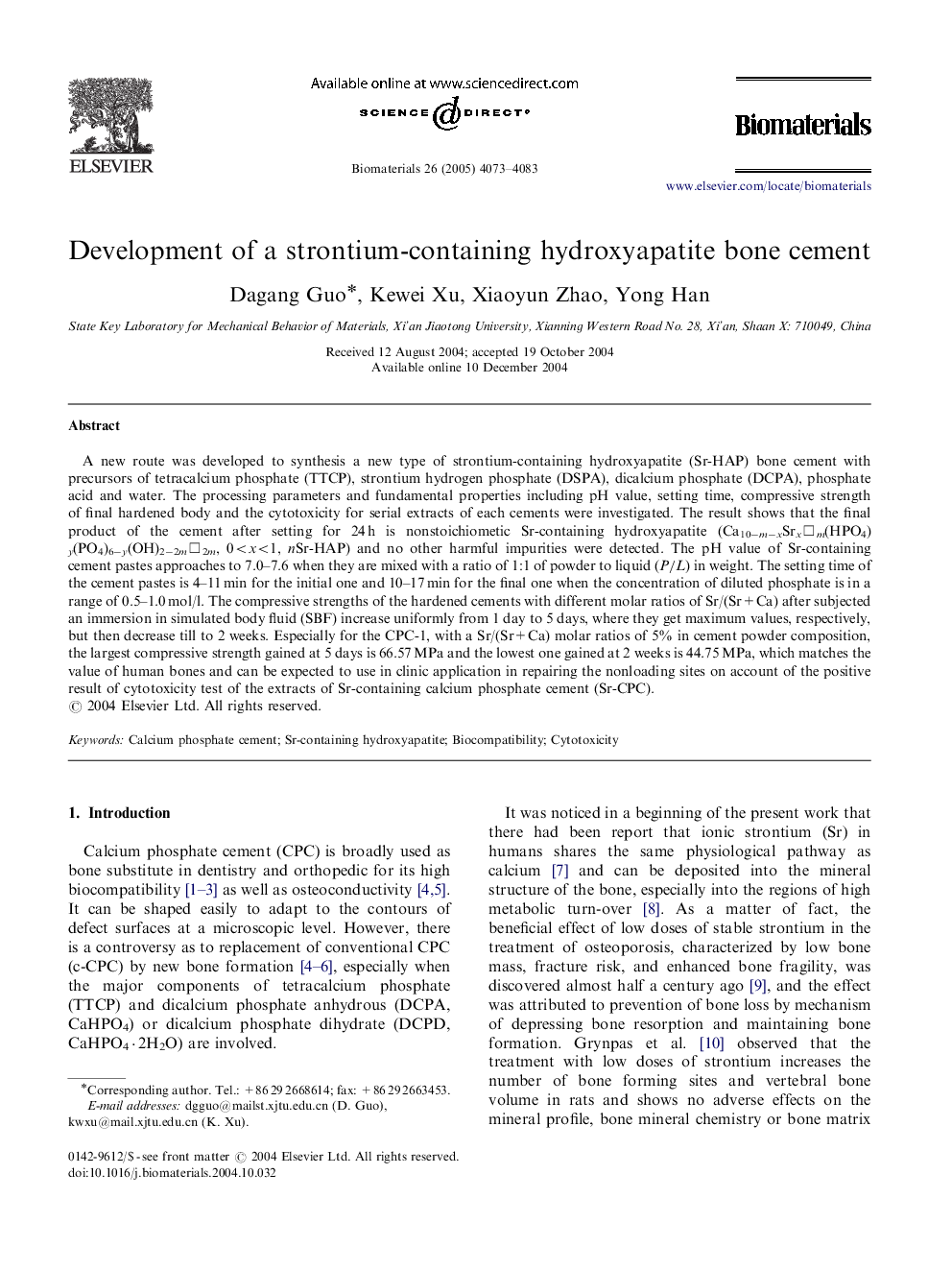Development of a strontium-containing hydroxyapatite bone cement