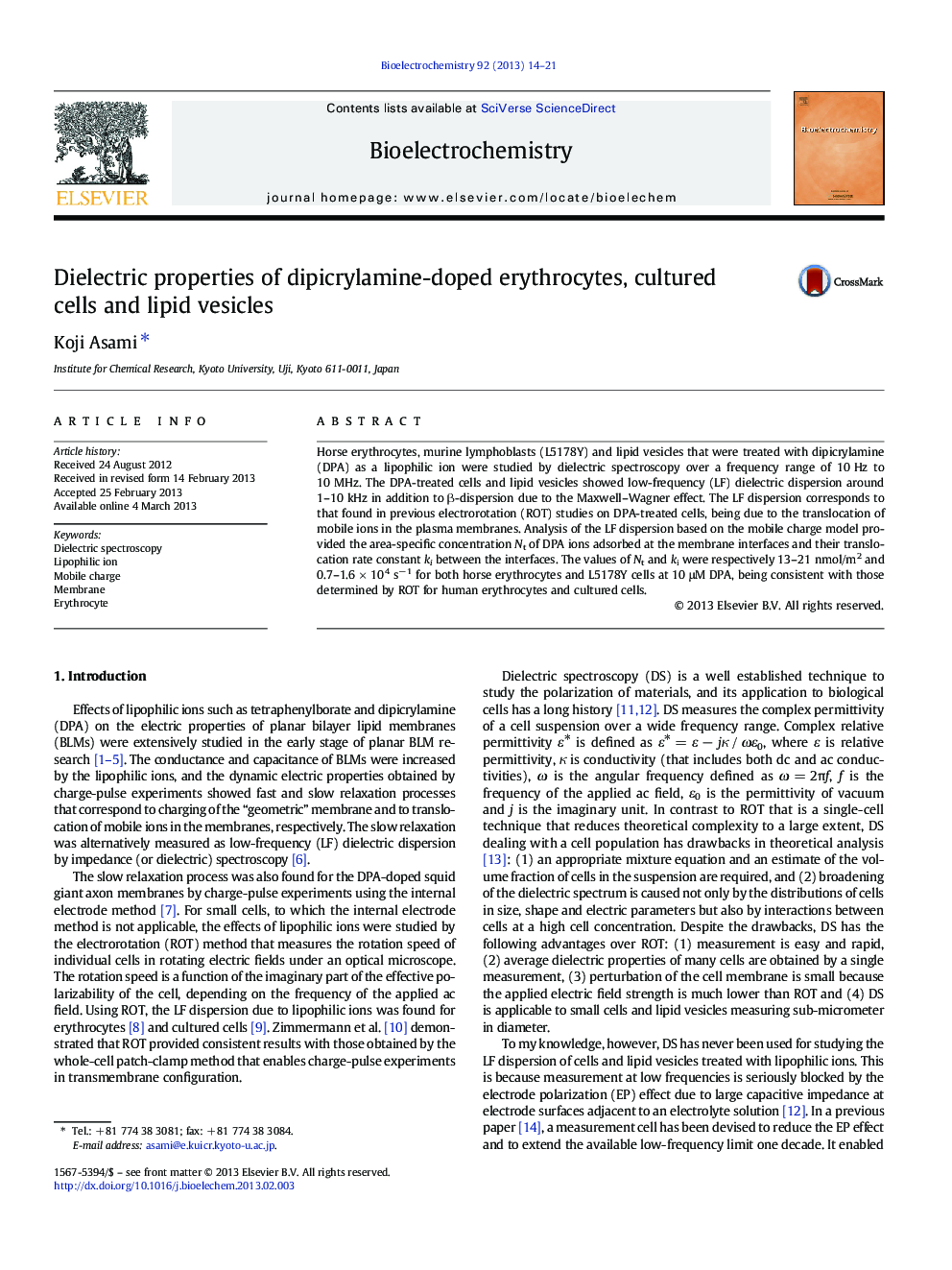 Dielectric properties of dipicrylamine-doped erythrocytes, cultured cells and lipid vesicles