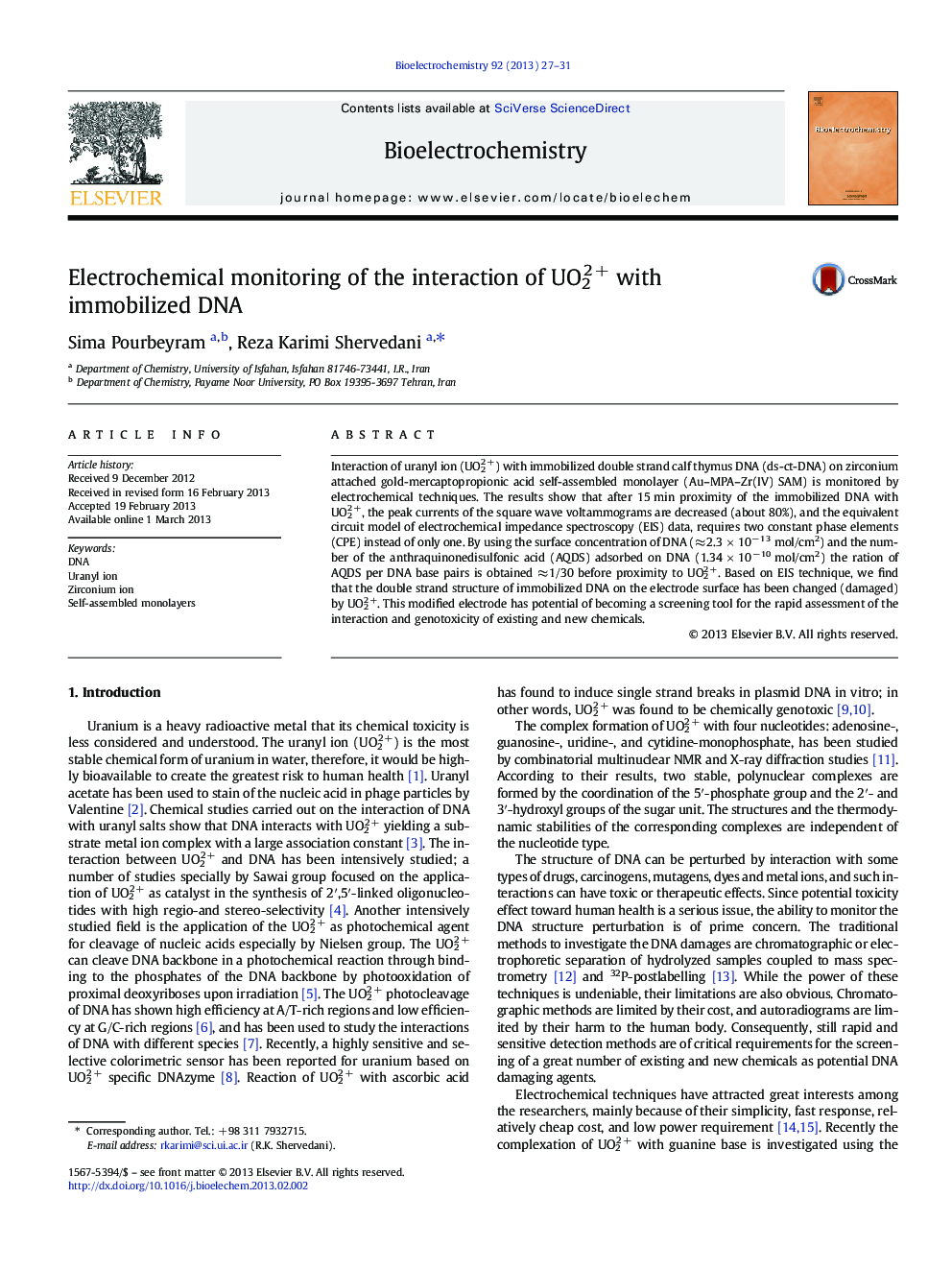 Electrochemical monitoring of the interaction of UO22Â + with immobilized DNA