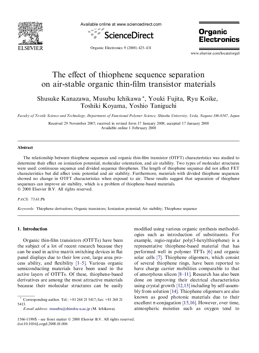 The effect of thiophene sequence separation on air-stable organic thin-film transistor materials