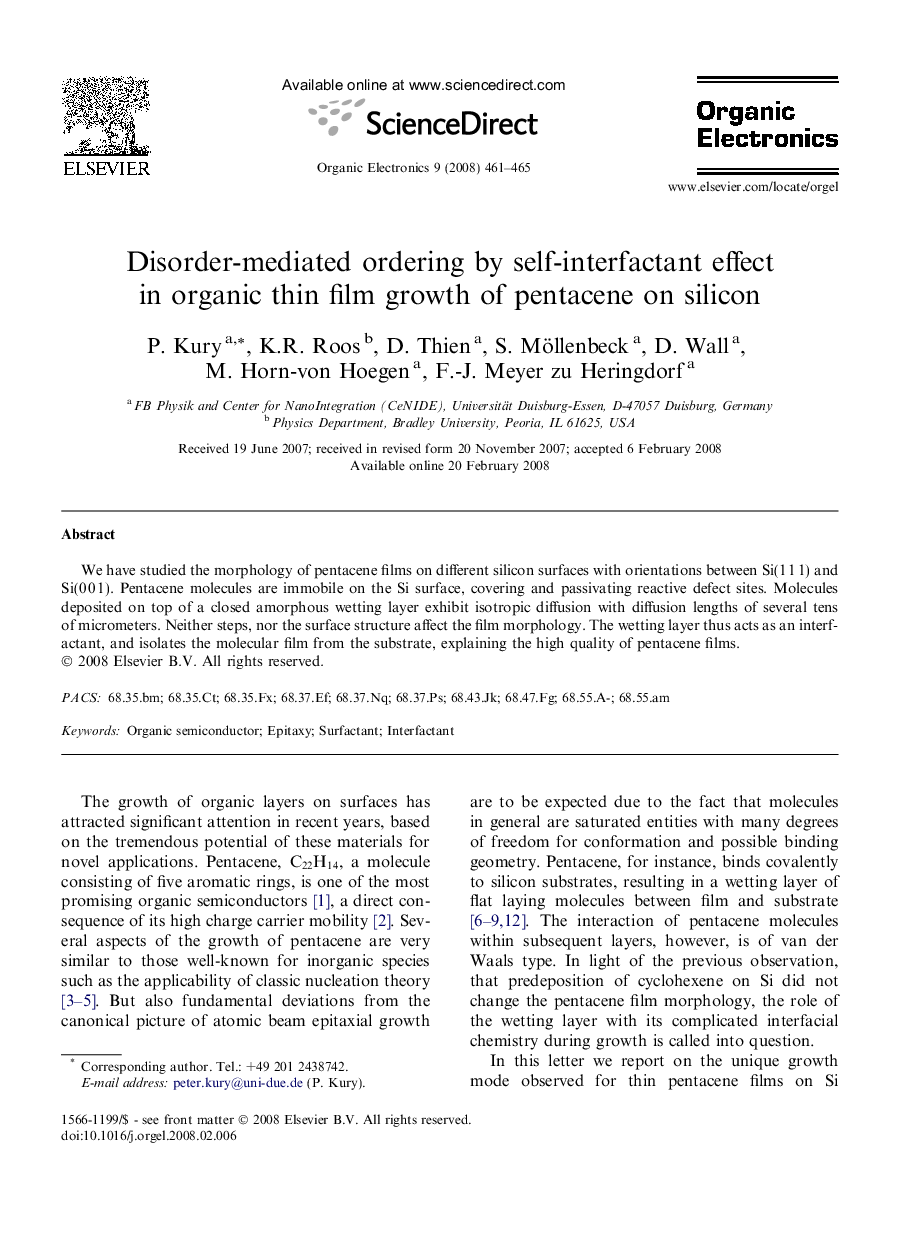 Disorder-mediated ordering by self-interfactant effect in organic thin film growth of pentacene on silicon