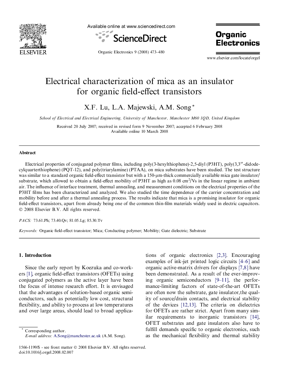 Electrical characterization of mica as an insulator for organic field-effect transistors