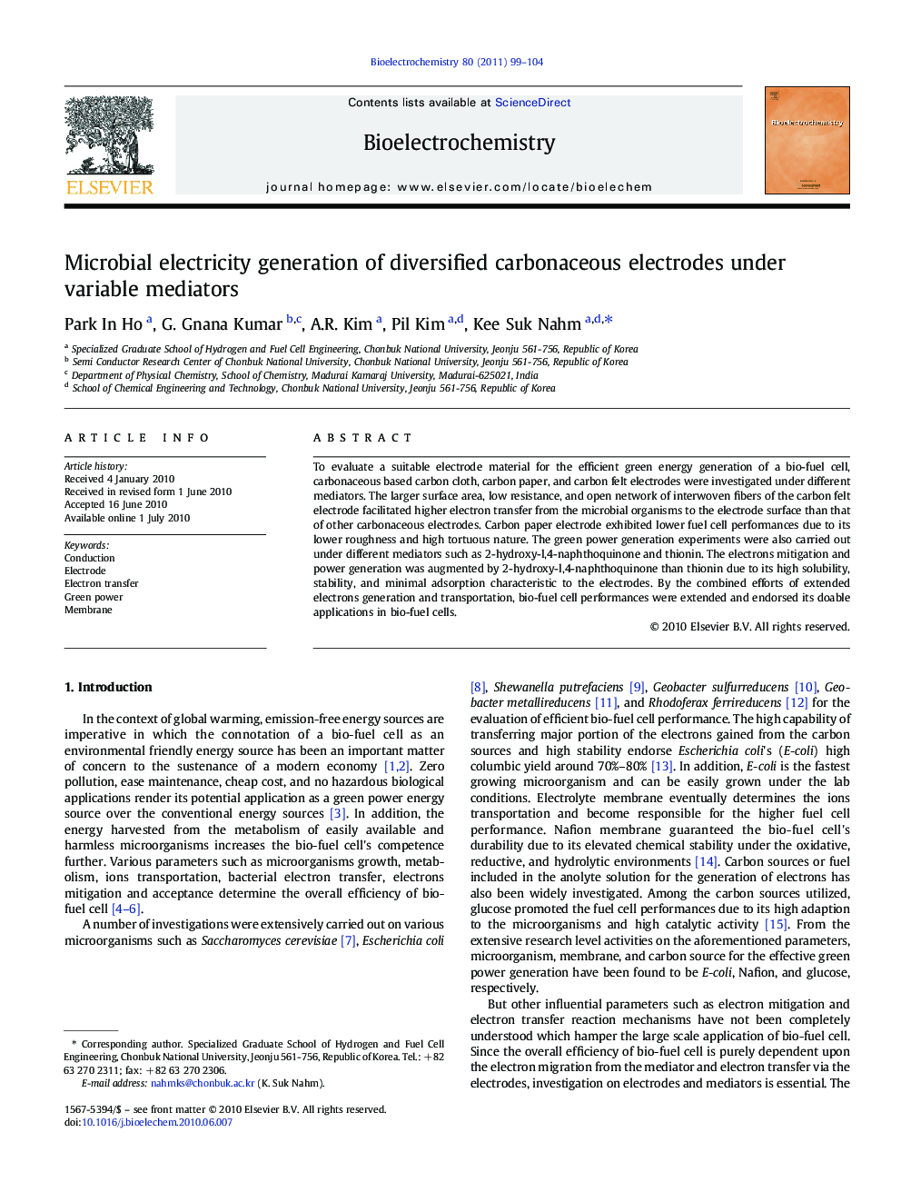 Microbial electricity generation of diversified carbonaceous electrodes under variable mediators