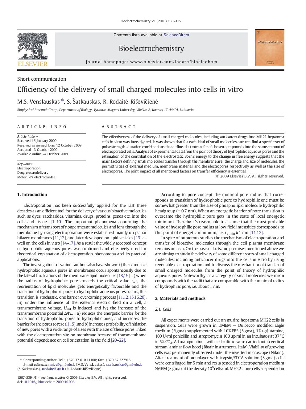 Efficiency of the delivery of small charged molecules into cells in vitro