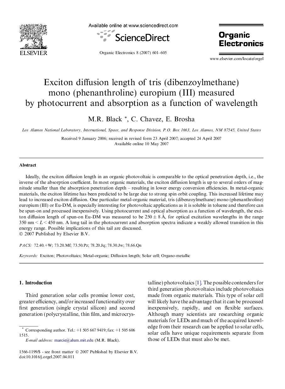 Exciton diffusion length of tris (dibenzoylmethane) mono (phenanthroline) europium (III) measured by photocurrent and absorption as a function of wavelength