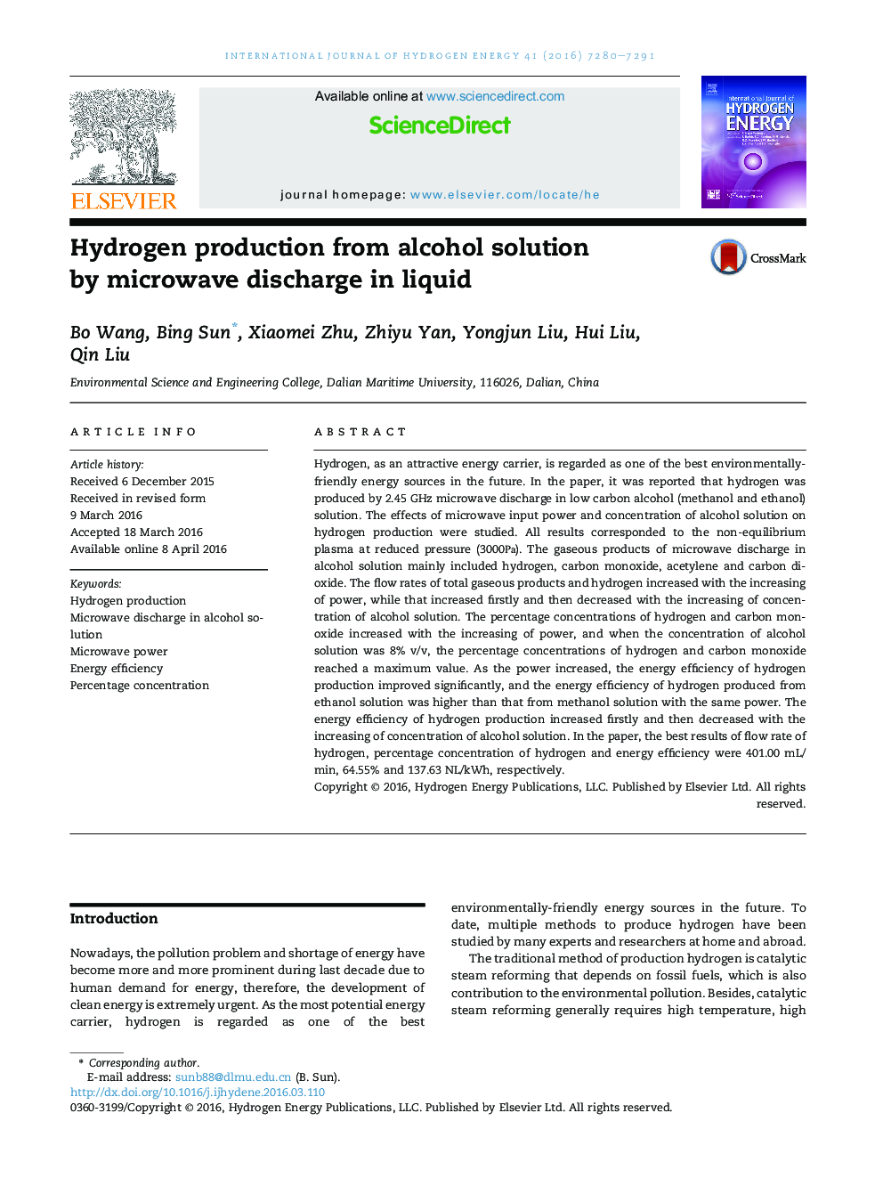 Hydrogen production from alcohol solution by microwave discharge in liquid