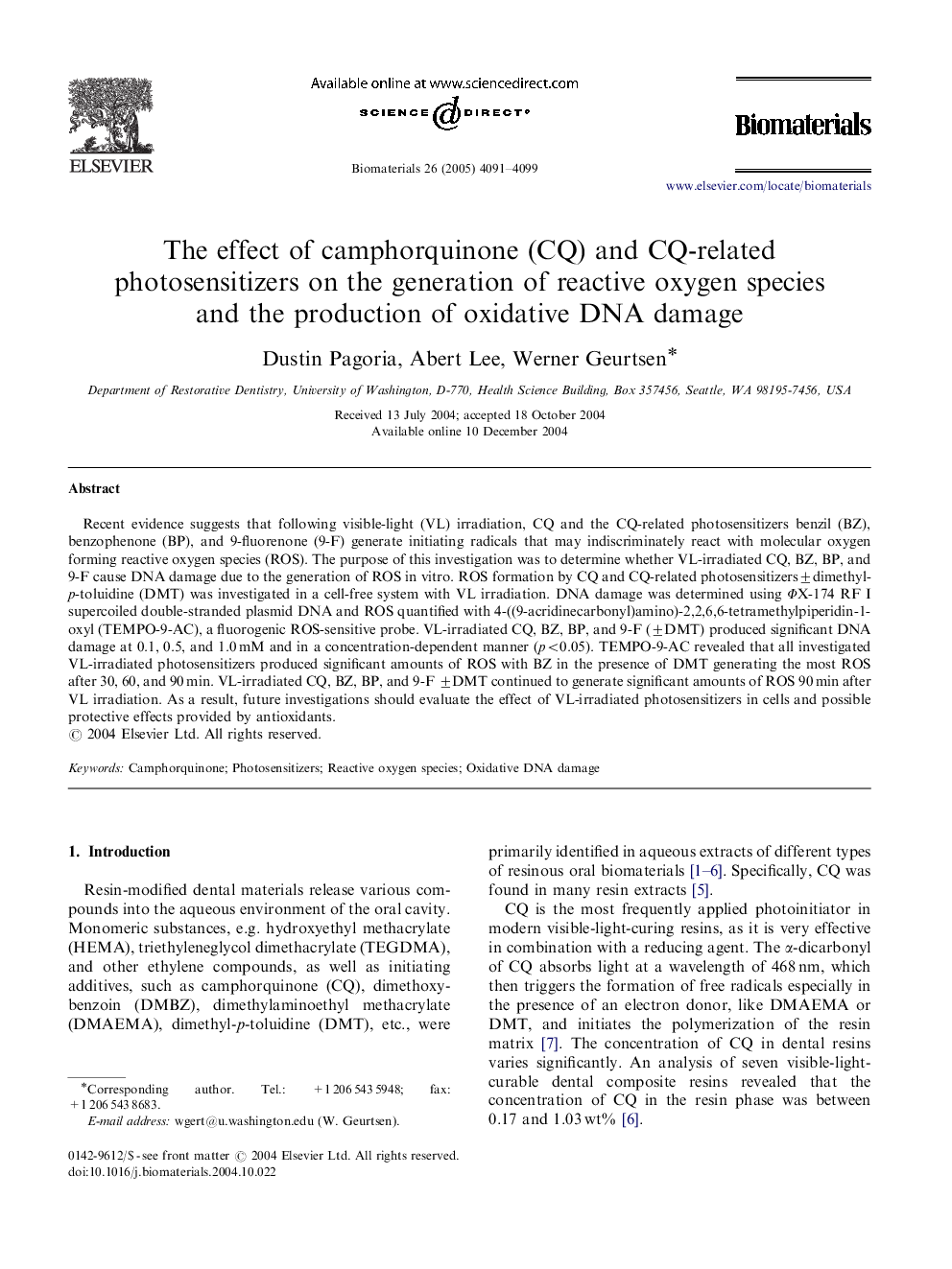 The effect of camphorquinone (CQ) and CQ-related photosensitizers on the generation of reactive oxygen species and the production of oxidative DNA damage