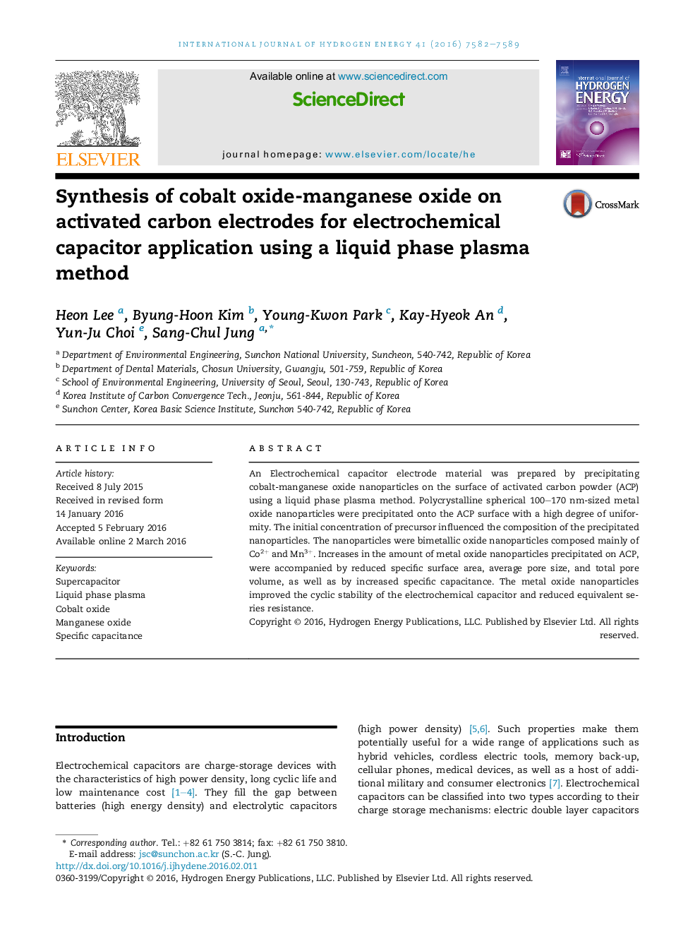 Synthesis of cobalt oxide-manganese oxide on activated carbon electrodes for electrochemical capacitor application using a liquid phase plasma method