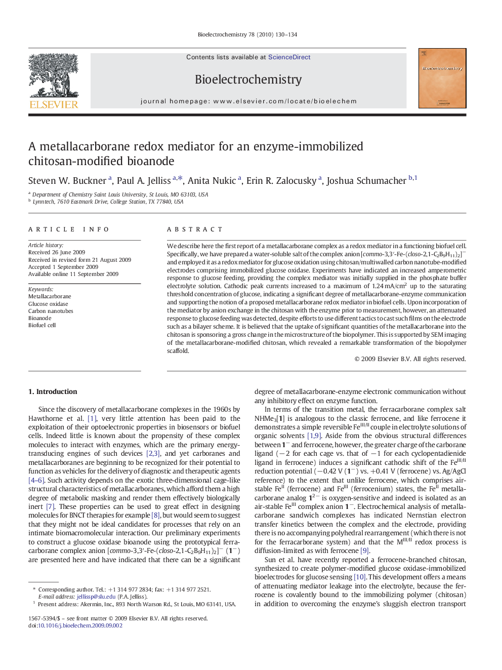 A metallacarborane redox mediator for an enzyme-immobilized chitosan-modified bioanode