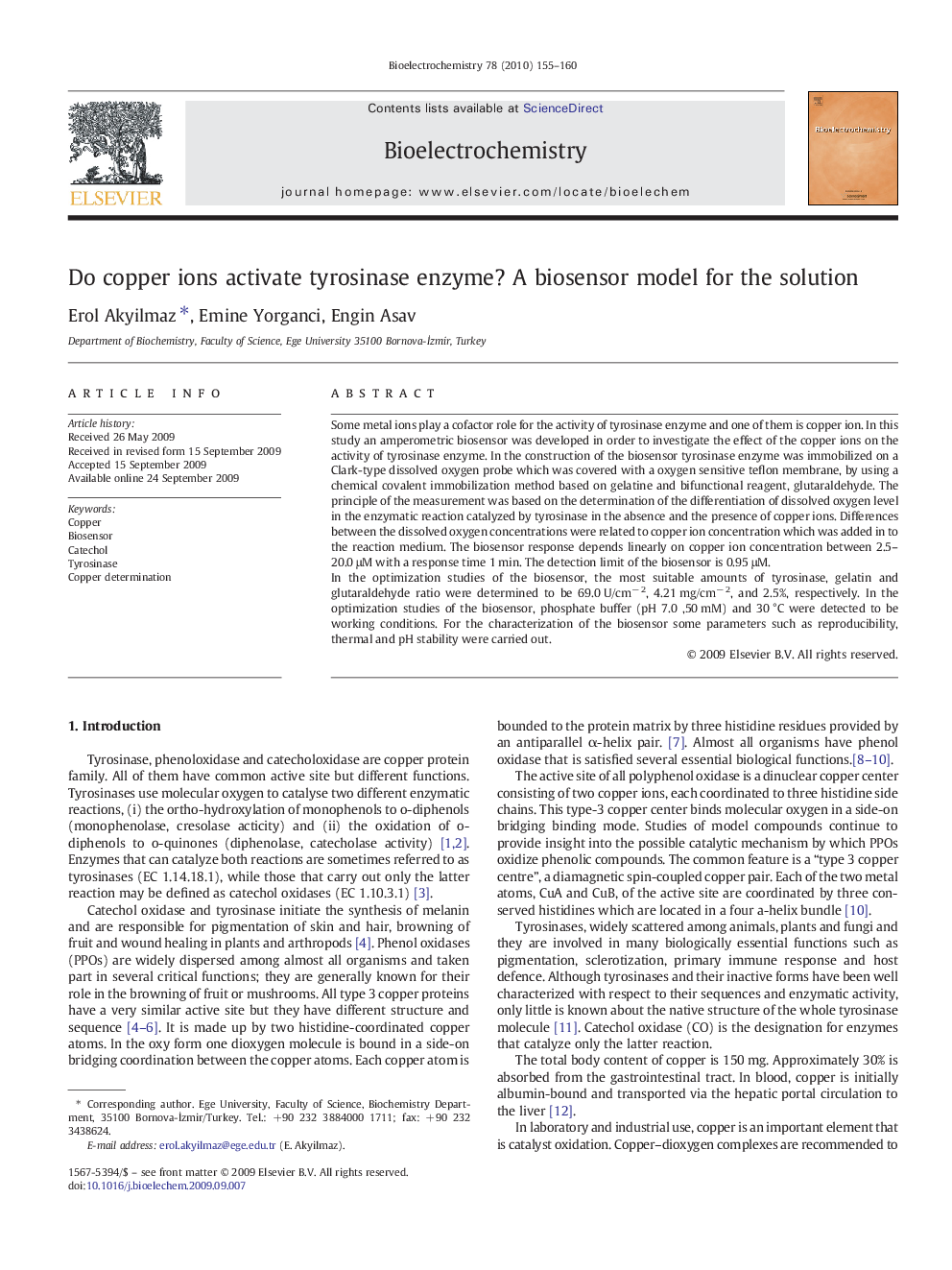 Do copper ions activate tyrosinase enzyme? A biosensor model for the solution