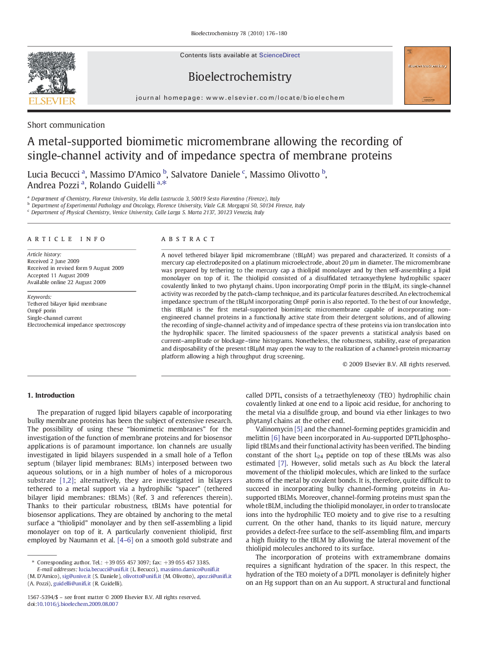 A metal-supported biomimetic micromembrane allowing the recording of single-channel activity and of impedance spectra of membrane proteins