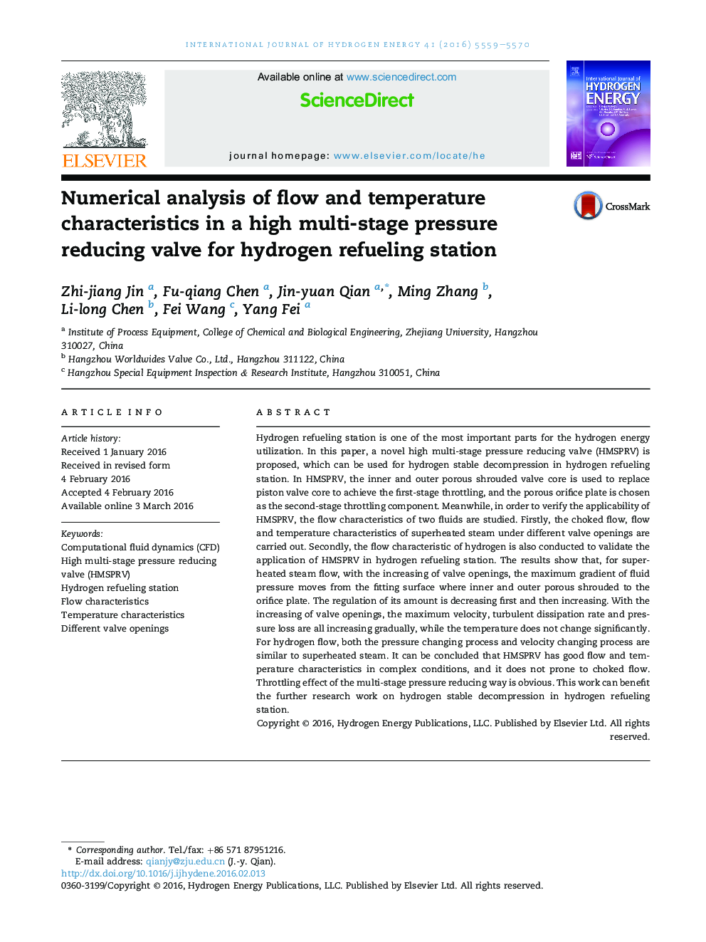 Numerical analysis of flow and temperature characteristics in a high multi-stage pressure reducing valve for hydrogen refueling station