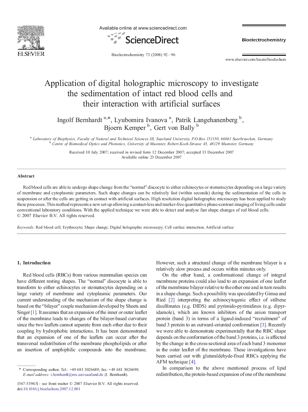 Application of digital holographic microscopy to investigate the sedimentation of intact red blood cells and their interaction with artificial surfaces