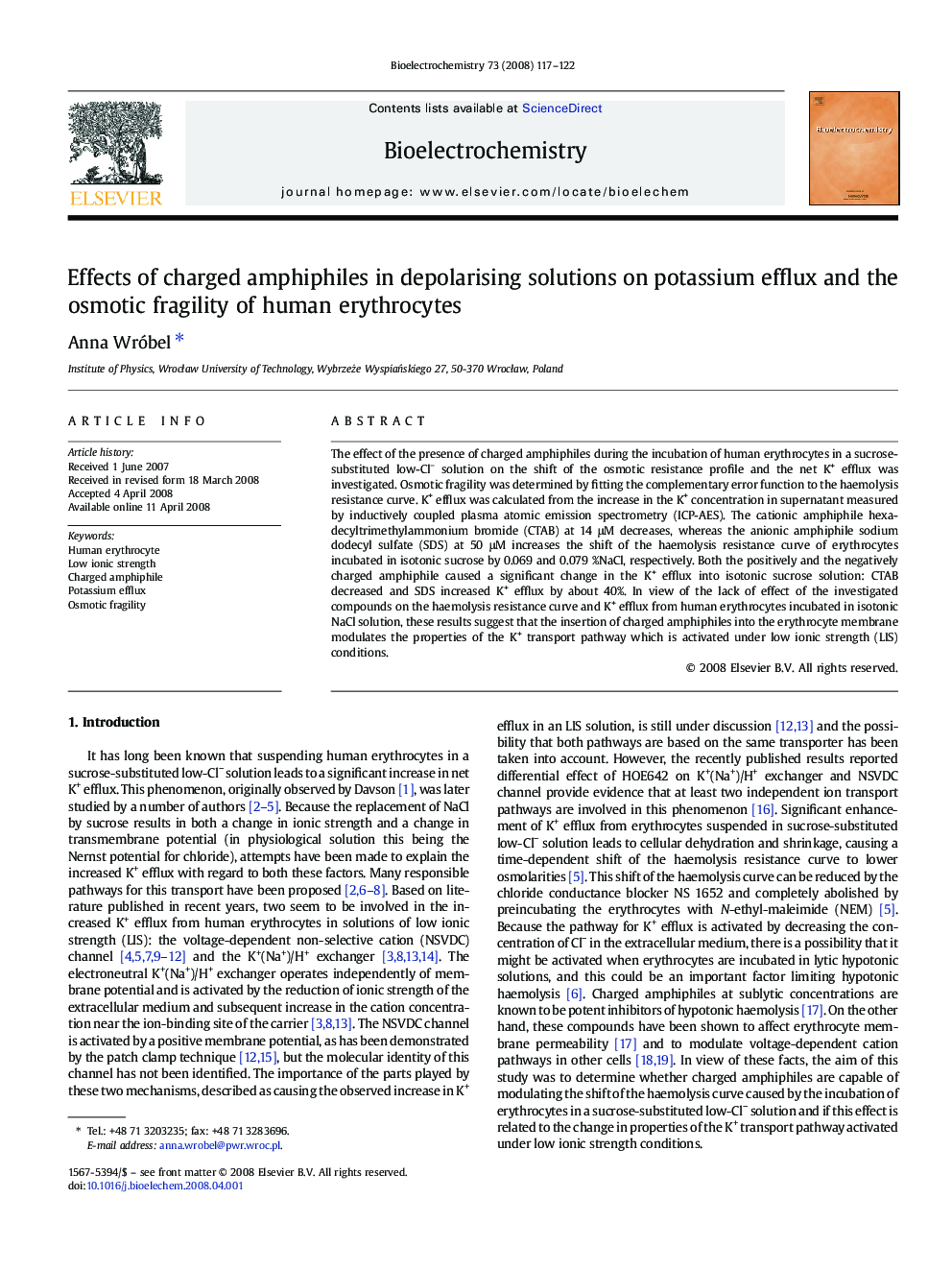 Effects of charged amphiphiles in depolarising solutions on potassium efflux and the osmotic fragility of human erythrocytes