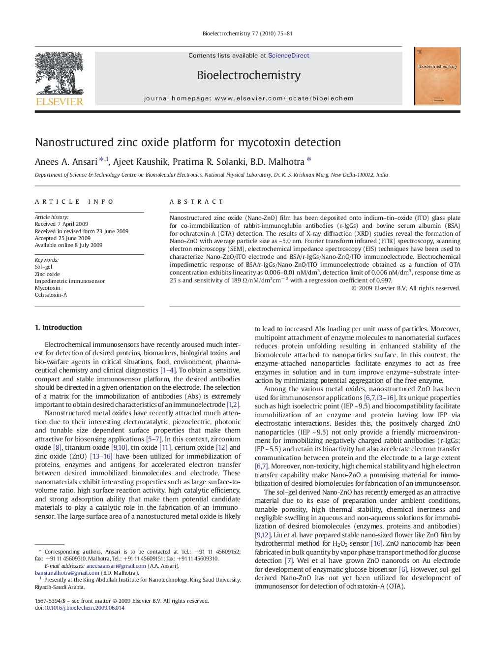 Nanostructured zinc oxide platform for mycotoxin detection