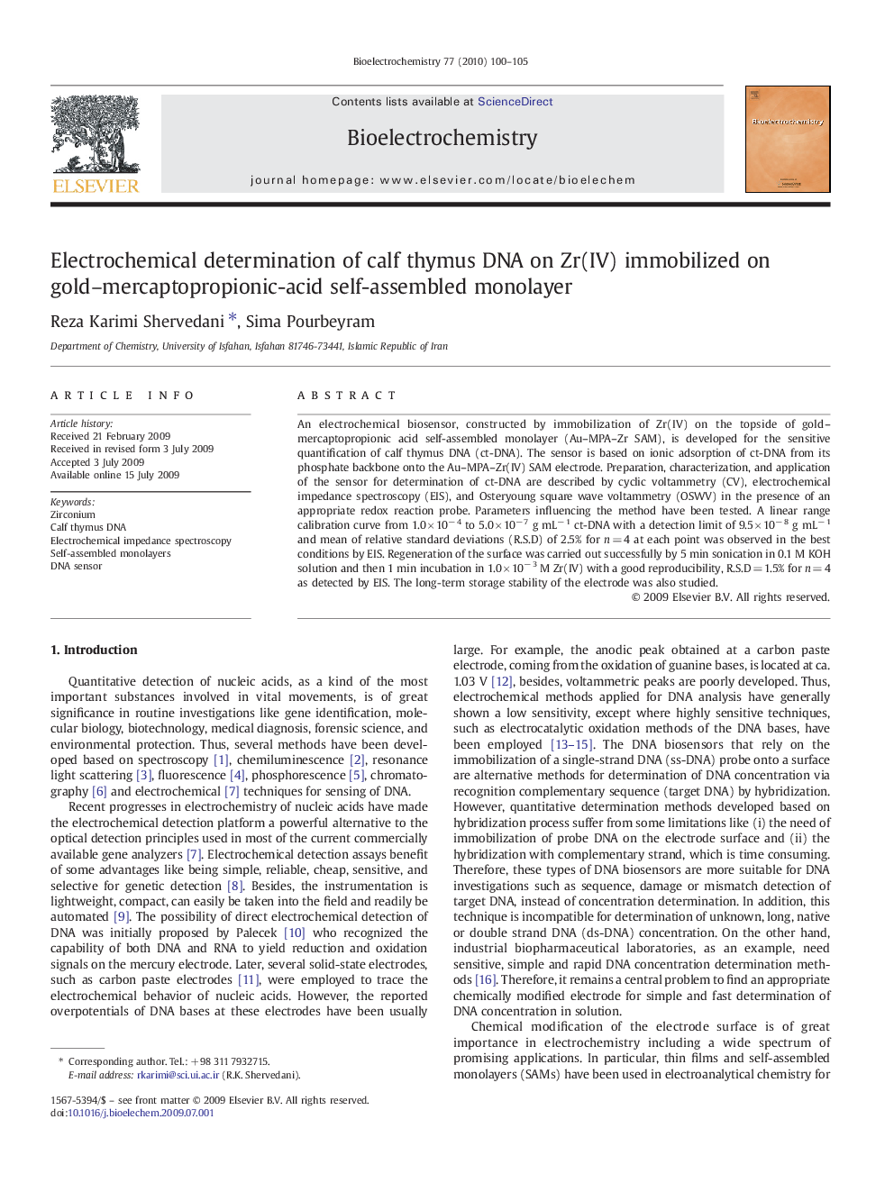 Electrochemical determination of calf thymus DNA on Zr(IV) immobilized on gold–mercaptopropionic-acid self-assembled monolayer