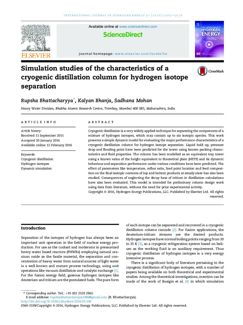 Simulation studies of the characteristics of a cryogenic distillation column for hydrogen isotope separation