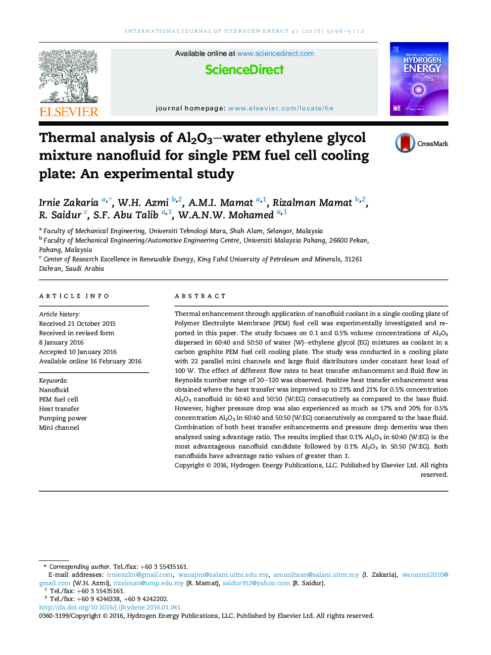 Thermal analysis of Al2O3–water ethylene glycol mixture nanofluid for single PEM fuel cell cooling plate: An experimental study