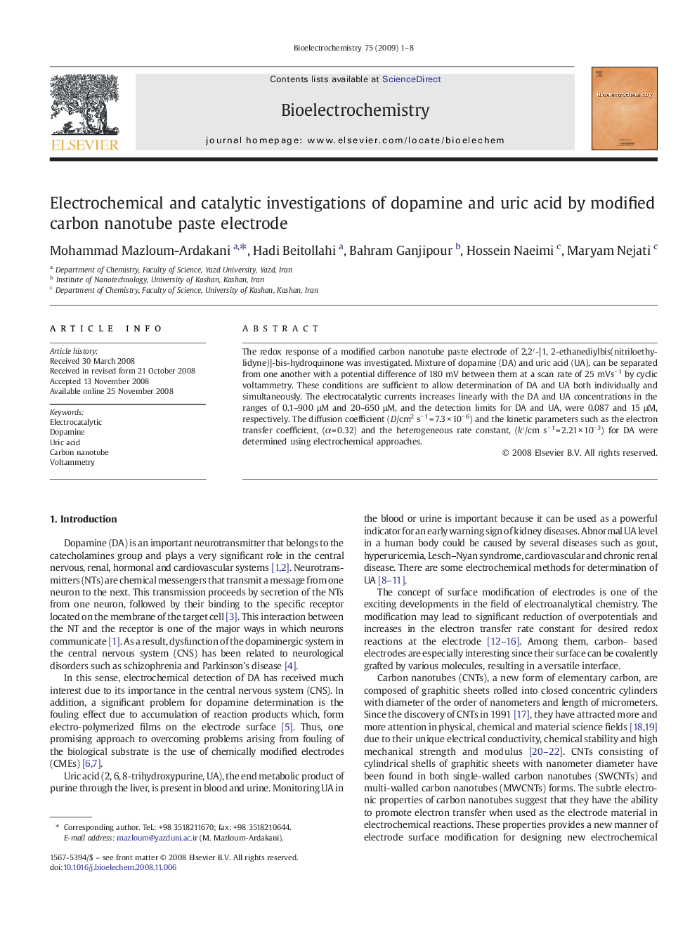 Electrochemical and catalytic investigations of dopamine and uric acid by modified carbon nanotube paste electrode