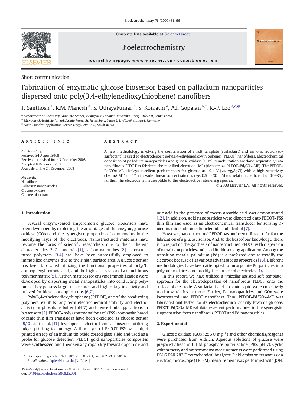 عکس صفحه اول مقاله: Fabrication of enzymatic glucose biosensor based on palladium nanoparticles dispersed onto poly(3,4-ethylenedioxythiophene) nanofibers Fabrication of enzymatic glucose biosensor based on palladium nanoparticles dispersed onto poly(3,4-ethylenedioxythiophene) nanofibers