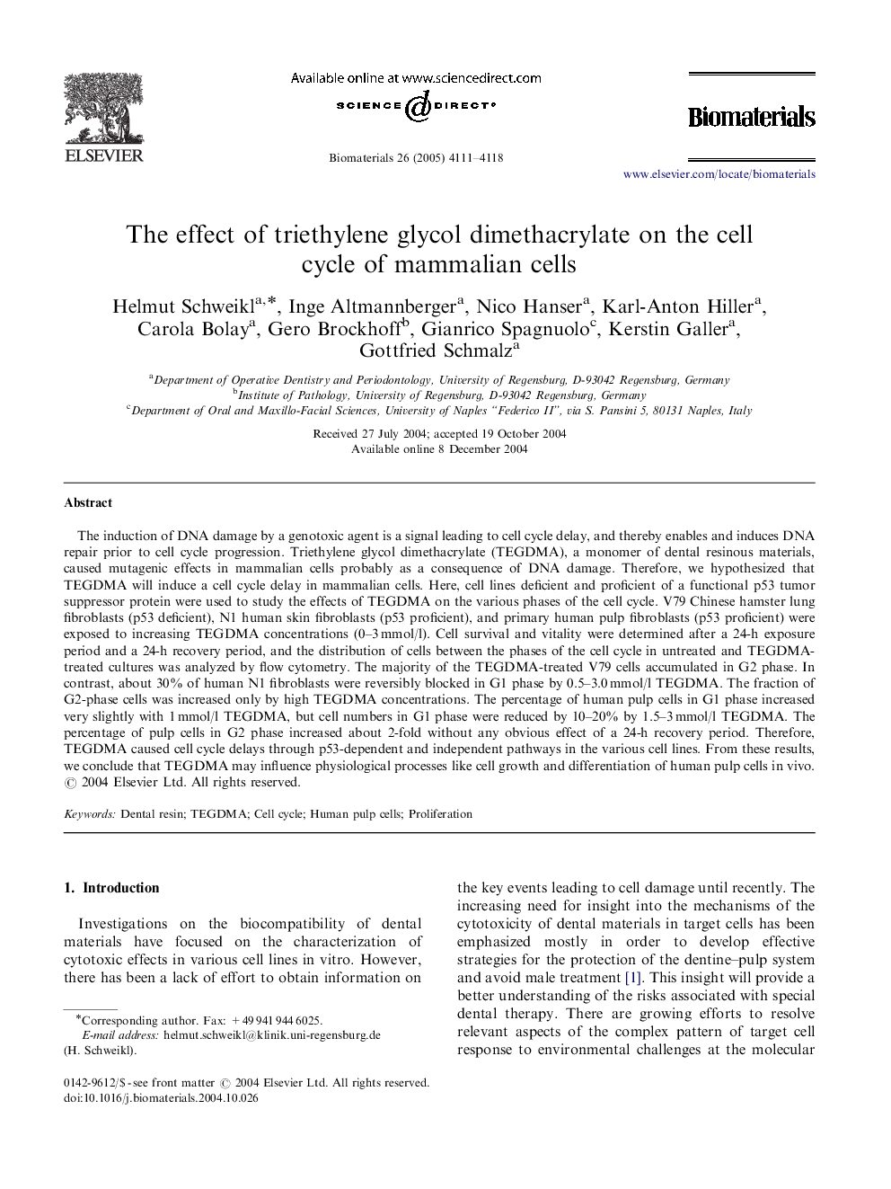 The effect of triethylene glycol dimethacrylate on the cell cycle of mammalian cells