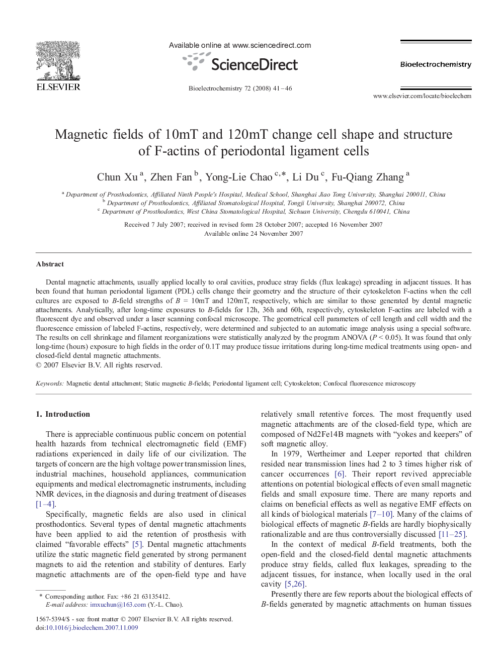 Magnetic fields of 10mT and 120mT change cell shape and structure of F-actins of periodontal ligament cells