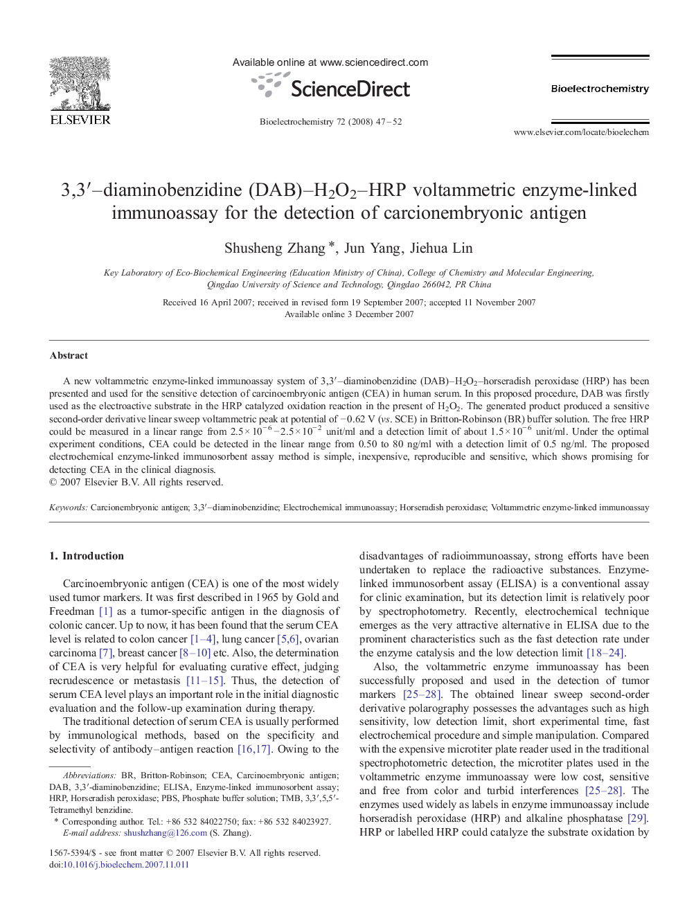 3,3′–diaminobenzidine (DAB)–H2O2–HRP voltammetric enzyme-linked immunoassay for the detection of carcionembryonic antigen