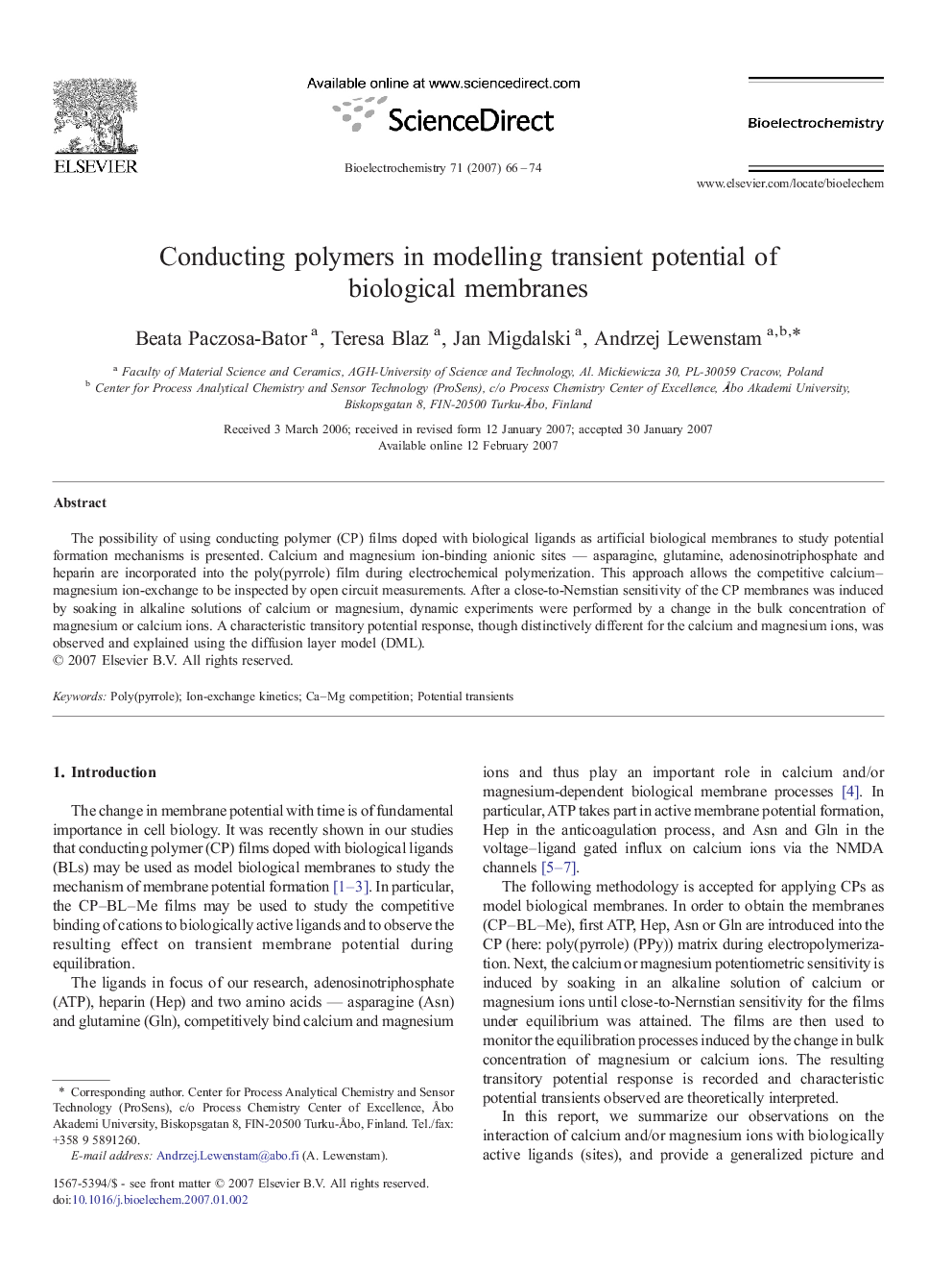 Conducting polymers in modelling transient potential of biological membranes