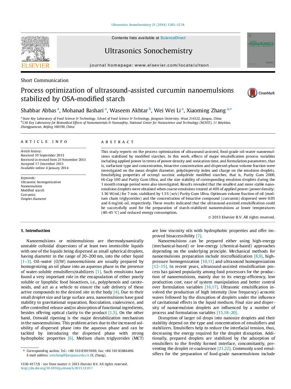 Process optimization of ultrasound-assisted curcumin nanoemulsions stabilized by OSA-modified starch