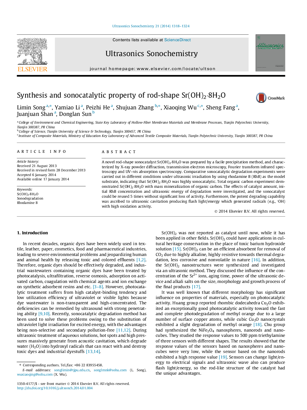 Synthesis and sonocatalytic property of rod-shape Sr(OH)2·8H2O