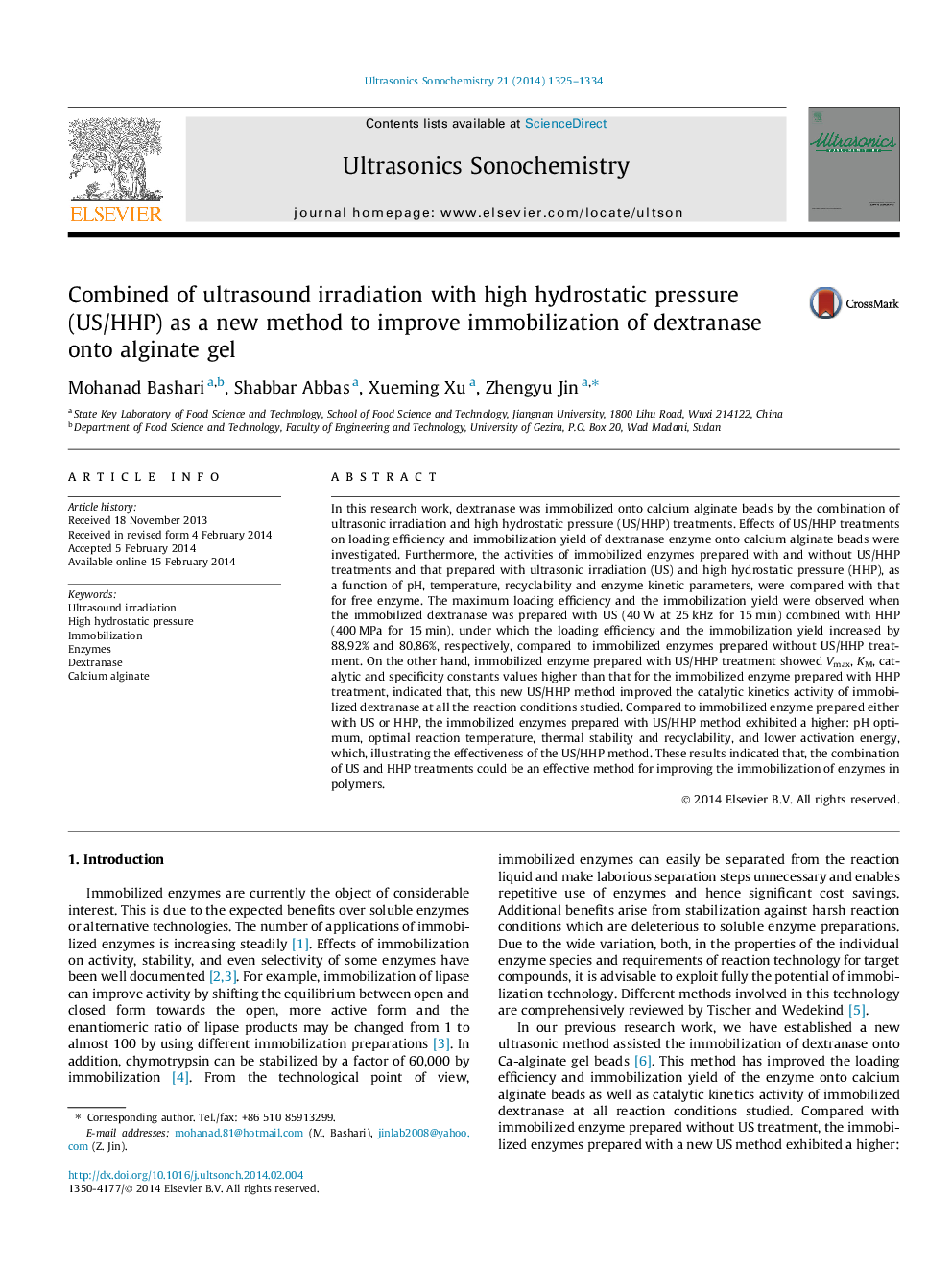 Combined of ultrasound irradiation with high hydrostatic pressure (US/HHP) as a new method to improve immobilization of dextranase onto alginate gel