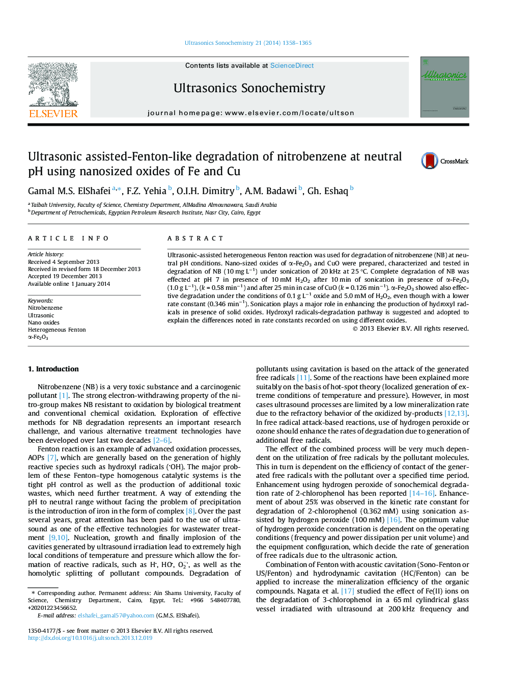 Ultrasonic assisted-Fenton-like degradation of nitrobenzene at neutral pH using nanosized oxides of Fe and Cu